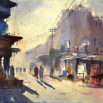 Painting titled "jaisalmer-fort" by Kishore Singh, Original Artwork, Watercolor