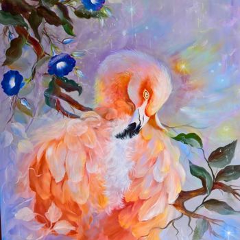 Painting titled "pink flamingo and m…" by Elena, Original Artwork, Oil