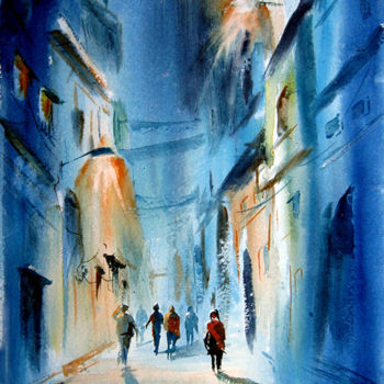 Painting titled "Night in Lahore" by M Kazmi, Original Artwork, Watercolor