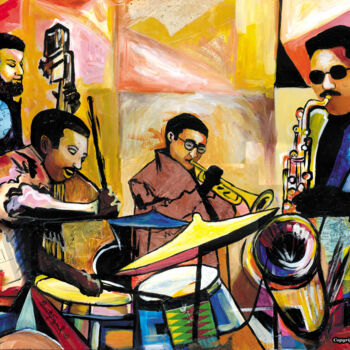 「Jammin in Rhythm」というタイトルのコラージュ Everett Spruillによって, オリジナルのアートワーク