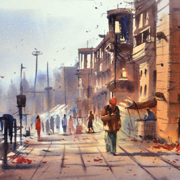Painting titled "Rana-mahal-ghat-var…" by Kishore Singh, Original Artwork, Watercolor