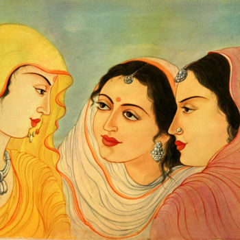 Painting titled "THREE WOMEN 1" by Suddha Sama, Original Artwork, Watercolor Mounted on Other rigid panel