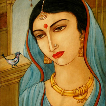 Painting titled "LADY WITH THE BIRD" by Suddha Sama, Original Artwork, Watercolor