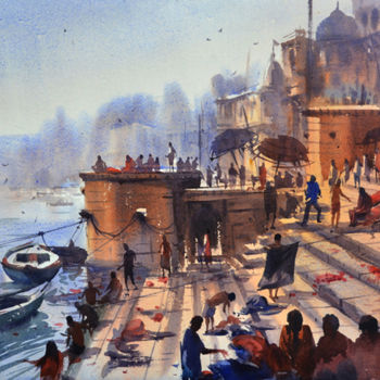 Painting titled "Rana-mahal-ghat-var…" by Kishore Singh, Original Artwork, Watercolor