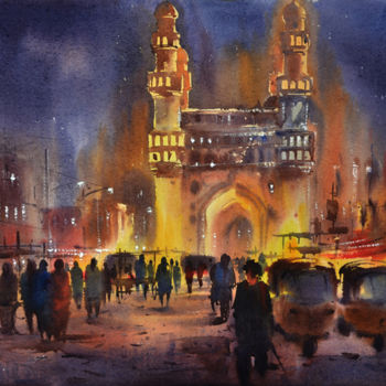 Painting titled "Charminar-night,Ind…" by Kishore Singh, Original Artwork, Watercolor