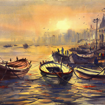 Painting titled "varanasi." by Kishore Singh, Original Artwork, Watercolor