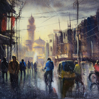 Painting titled "Oldcity Ek Minar Ma…" by Kishore Singh, Original Artwork, Watercolor