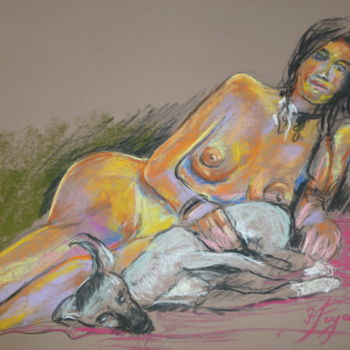 Peinture intitulée "Modèle et animal" par Pierre Feyeux, Œuvre d'art originale, Pastel
