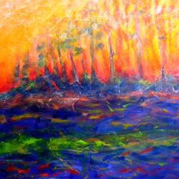 Painting titled "Forêt au coucher du…" by Artstudio29, Original Artwork, Acrylic Mounted on Wood Stretcher frame