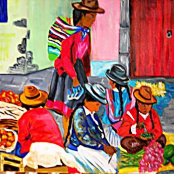 Peinture intitulée "le marché" par Nadege Frazié, Œuvre d'art originale, Huile