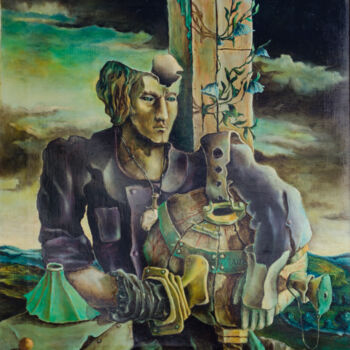 Painting titled "Man with music box" by Mandy Sand, Original Artwork, Oil