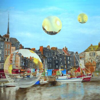 Peinture intitulée "le survol d'Honfleur" par Manu Surreabulliste, Œuvre d'art originale, Huile