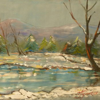 Ζωγραφική με τίτλο "Paysage d'hiver en…" από Pierre Feyeux, Αυθεντικά έργα τέχνης, Γκουάς