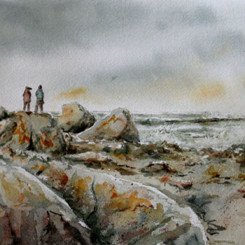 Ζωγραφική με τίτλο "PROMENADE SUR LES R…" από Alain Devienne, Αυθεντικά έργα τέχνης, Ακουαρέλα