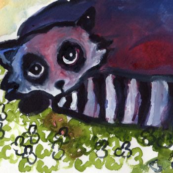 Painting titled "Raccoon in Clover P…" by Janel Bragg, Original Artwork, Watercolor