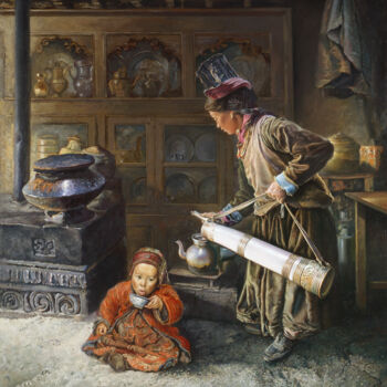 Peinture intitulée "bazard-le-the-au-la…" par Alain Bazard, Œuvre d'art originale, Huile