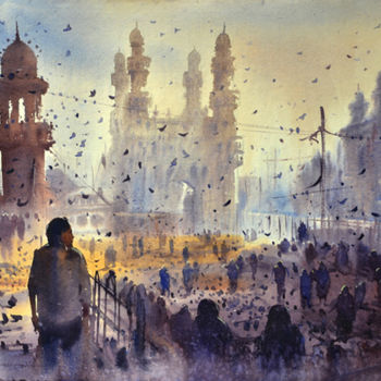 Painting titled "Mecca Masjid in Old…" by Kishore Singh, Original Artwork, Watercolor