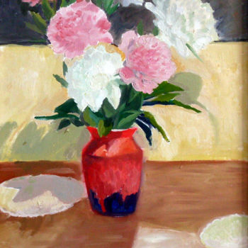 Ζωγραφική με τίτλο "Peonies in red vase" από Emilia Amaro, Αυθεντικά έργα τέχνης, Λάδι