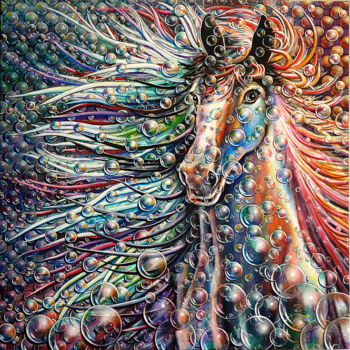 Painting titled ""Cheval étincelant"" by Jean-Jacques Briquet, Original Artwork, Acrylic Mounted on Wood Stretcher frame