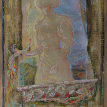 Drawing titled "Woman with bird" by Mandy Sand, Original Artwork, Pastel