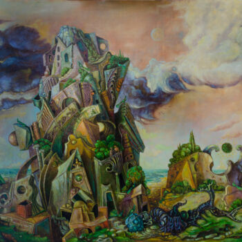 Painting titled "Fantasy Tower" by Mandy Sand, Original Artwork, Oil