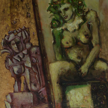 Painting titled "Nude sitting in gre…" by Mandy Sand, Original Artwork, Oil