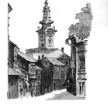 Disegno intitolato "Pasiceva street" da Dragoslav Čupić, Opera d'arte originale, Inchiostro