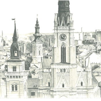 Disegno intitolato "The roofs of Novi S…" da Dragoslav Čupić, Opera d'arte originale, Matita