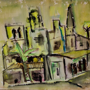 Painting titled "Landscape of Jaffa" by Mandy Sand, Original Artwork, Watercolor