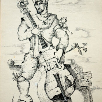 Drawing titled "Bass player" by Mandy Sand, Original Artwork, Pencil