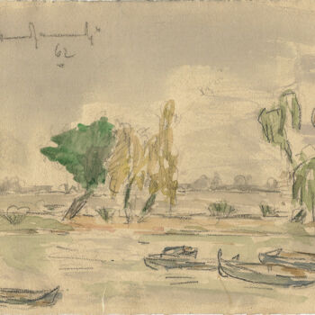 Painting titled "Boats on the lake" by Mandy Sand, Original Artwork, Watercolor