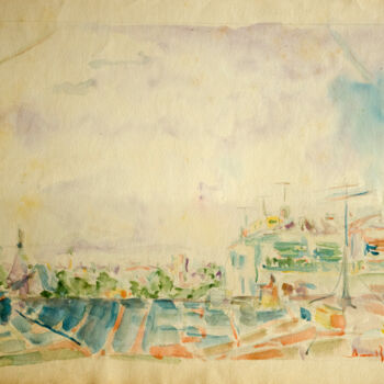 Painting titled "View of houses" by Mandy Sand, Original Artwork, Watercolor