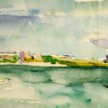 Painting titled "Lake View" by Mandy Sand, Original Artwork, Watercolor