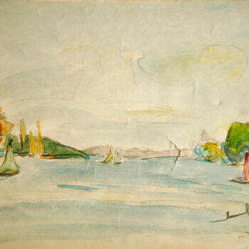 「Lake trees and boats」というタイトルの絵画 Mandy Sandによって, オリジナルのアートワーク, 水彩画
