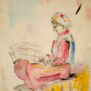 Painting titled "Woman reads" by Mandy Sand, Original Artwork, Watercolor