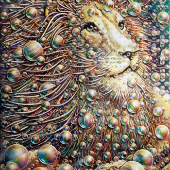 Painting titled ""SA MAJESTE, LE LIO…" by Jean-Jacques Briquet, Original Artwork, Acrylic Mounted on Wood Stretcher frame