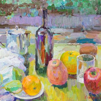 Peinture intitulée "Натюрморт с вином и…" par Vasilii Shikhanov, Œuvre d'art originale, Huile