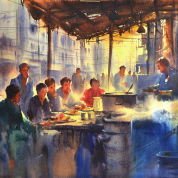 Painting titled "Hyderabad, breakfas…" by Kishore Singh, Original Artwork, Watercolor