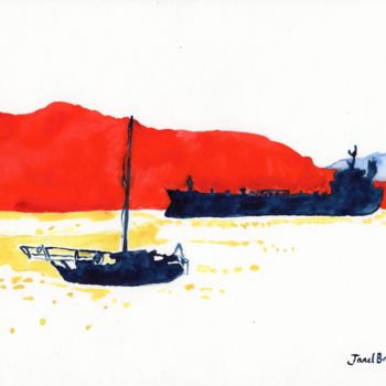 Malerei mit dem Titel "Sailboat and Tanker" von Janel Bragg, Original-Kunstwerk, Aquarell