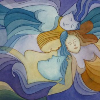 Painting titled "Tête-à-tête à quatr…" by Richard Aubin, Original Artwork, Watercolor