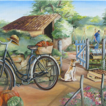 Pintura intitulada "Le vélo du jardinier" por Dominique Pineau, Obras de arte originais, Óleo