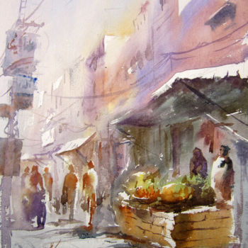 Painting titled "Fruit market waterc…" by M Kazmi, Original Artwork, Watercolor