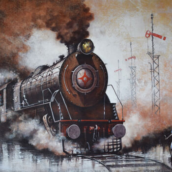 Malerei mit dem Titel "Indian Steam locomo…" von Kishore Pratim Biswas, Original-Kunstwerk, Acryl