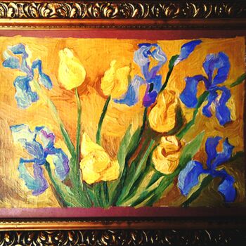 Peinture intitulée "Les iris et tulipes" par Slobodan Spasojevic (Spaki), Œuvre d'art originale, Huile