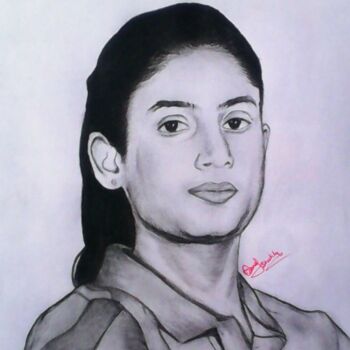 Σχέδιο με τίτλο "Mithali Raj" από Manoj Shukla, Αυθεντικά έργα τέχνης, Κάρβουνο