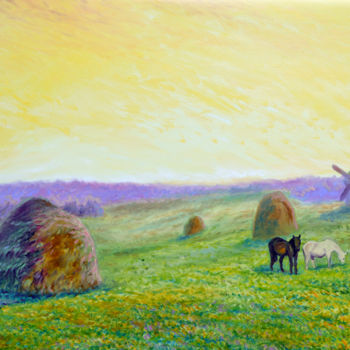 Painting titled "Haystacks" by Sergey Lutsenko, Original Artwork, Oil Mounted on Wood Stretcher frame