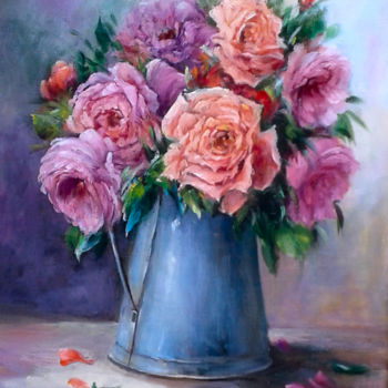 Pintura intitulada "Le pot de roses du…" por Chrispaint-Flowers, Obras de arte originais