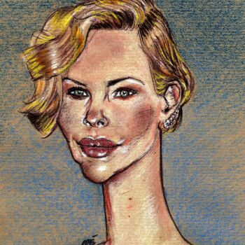 Rysunek zatytułowany „Charlize Theron” autorstwa Bertrand Daullé, Oryginalna praca, Pastel