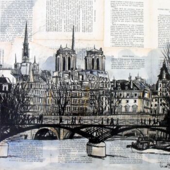 Painting titled "pont des arts" by Vincent Tessier Xxc, Original Artwork, Ink Mounted on Wood Panel