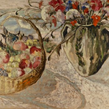 Peinture intitulée "Bouquet et fruits d…" par Dominique Bertrand, Œuvre d'art originale, Huile